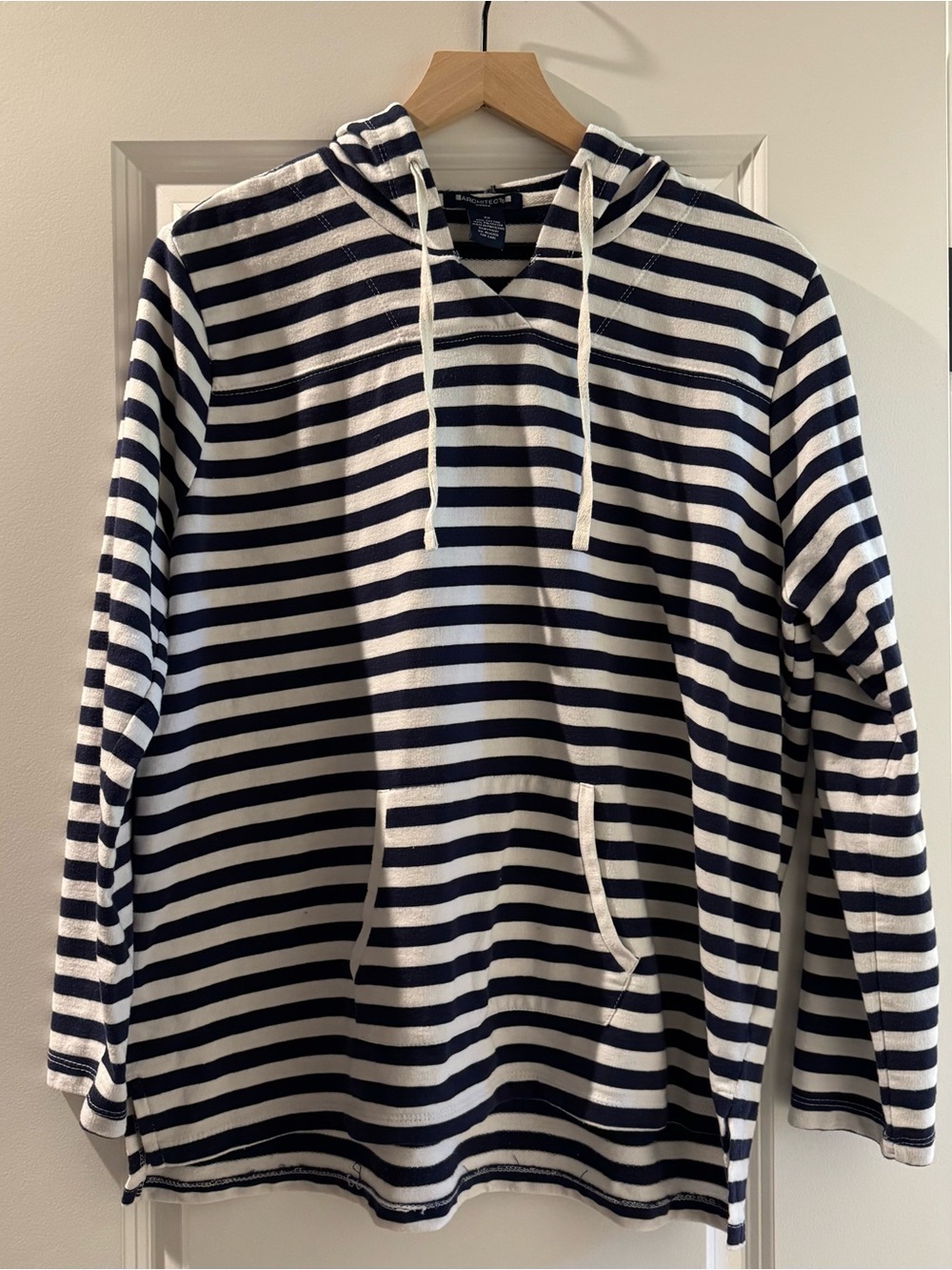 Architect Woman 2X Navy White Striped Hooded Pullover Top Kangaroo Pocket Beach